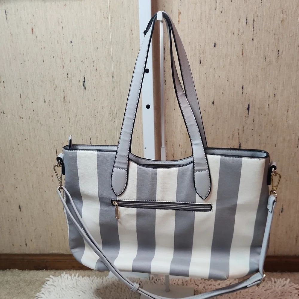 Gray and White Striped Tote with Gold Accents - Picture 4 of 5